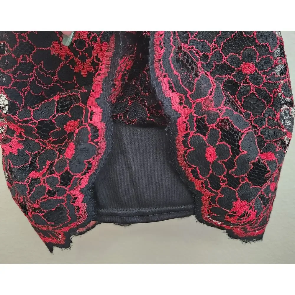 Red Black Lace Overlay Sleeveless Top Large 12 Lightweight Soft Scalloped Hem